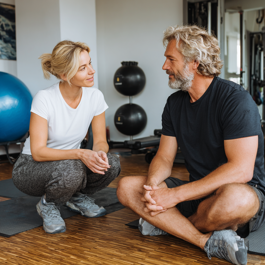 Професійний тренер працює з чоловіком 58 років, індивідуальна консультація в затишному фітнес-просторі