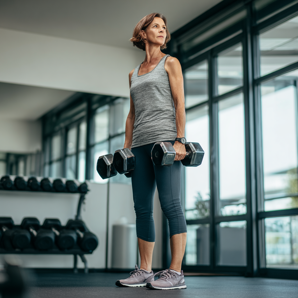 Активна жінка 55 років виконує силові вправи з гантелями в сучасному фітнес-залі