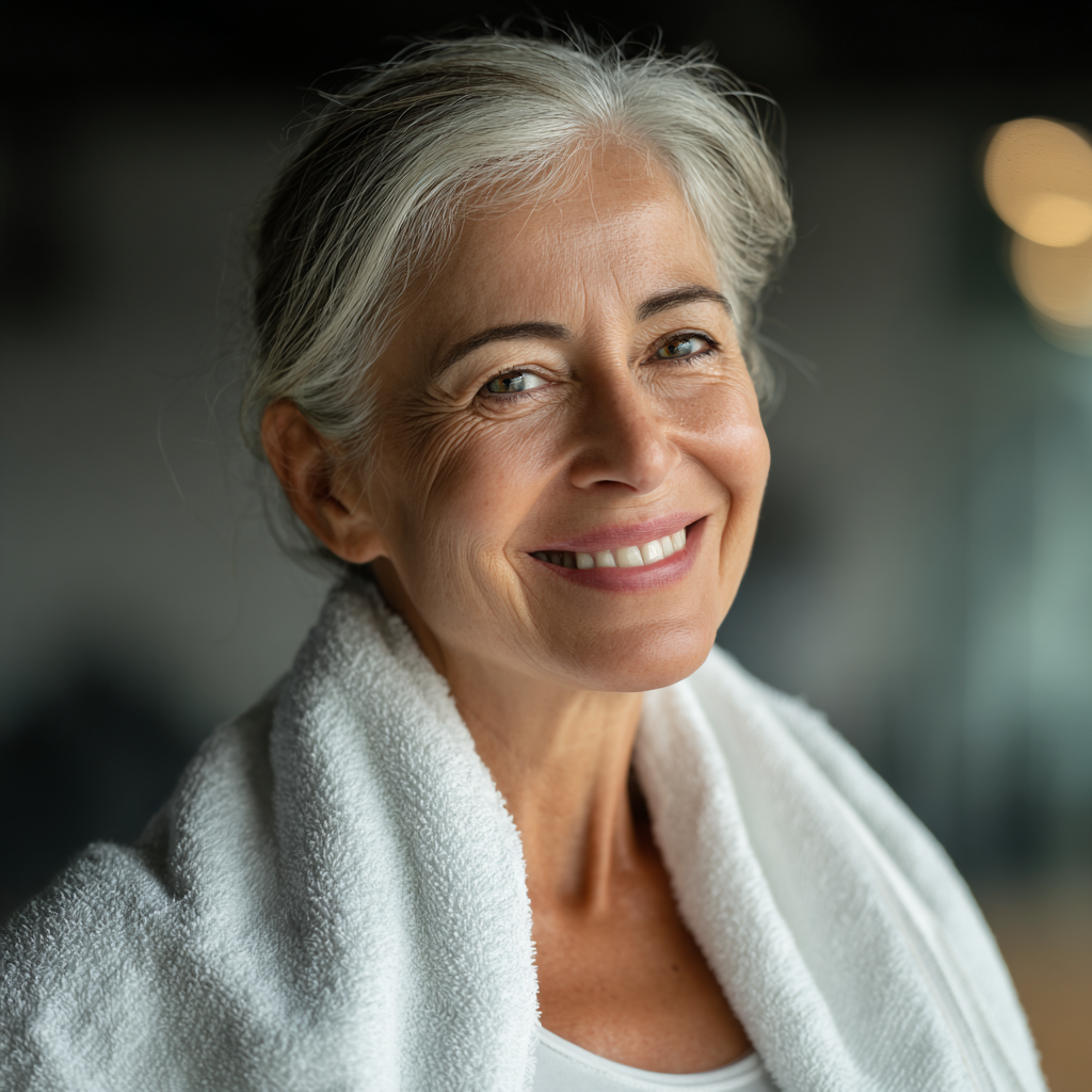 Усміхнена жінка 60 років після першого тренування з рушником на плечах, задоволена результатом